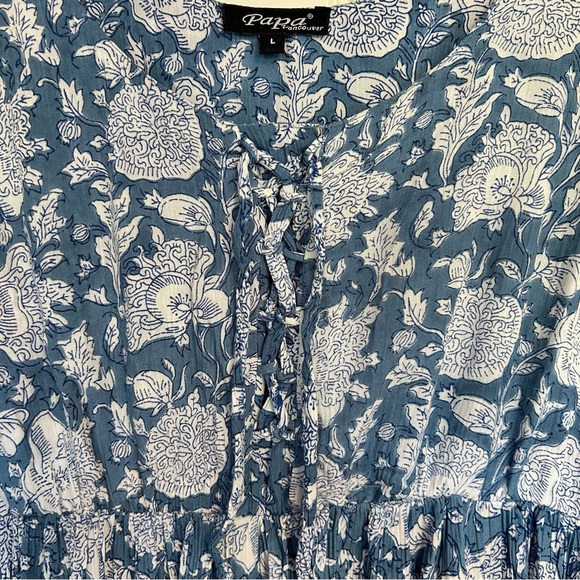 Papá Vancouver | Tiered Blue Floral Maxi Dress w/tie & tassels Size L Cottage - Picture 13 of 14